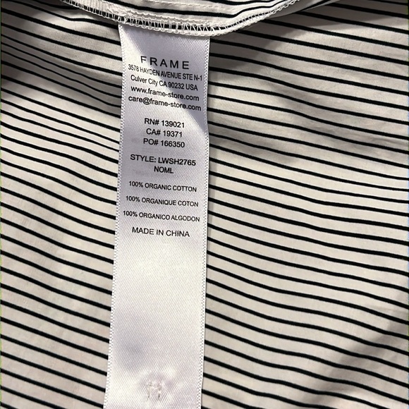 FRAME DENIM Ruched Puff Sleeve Shirt Blouse White with Black Stripes - Picture 9 of 12